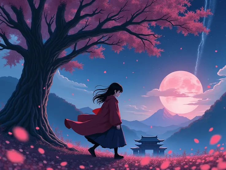 (best quality, masterpiece),(1girl, miko, coat, expression face, black eyes, looking at front ,black hair, walking, upper body), (night strray sky, huge old tree behind, falling glowing pink petals behind, shrine behind, mountain background, blowing wind, ...