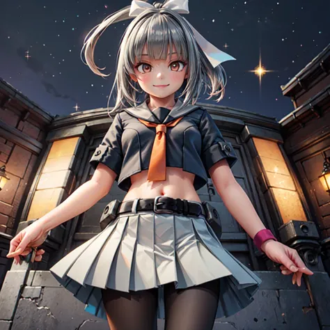 yubari (kancolle), 1girl, solo, skirt, pantyhose, grey sailor collar, grey skirt, pleated skirt, cowboy shot, school uniform, shirt, black pantyhose, sailor collar, belt, serafuku, midriff, ribbon, smile, orange neckerchief, crop top, black shirt, looking ...