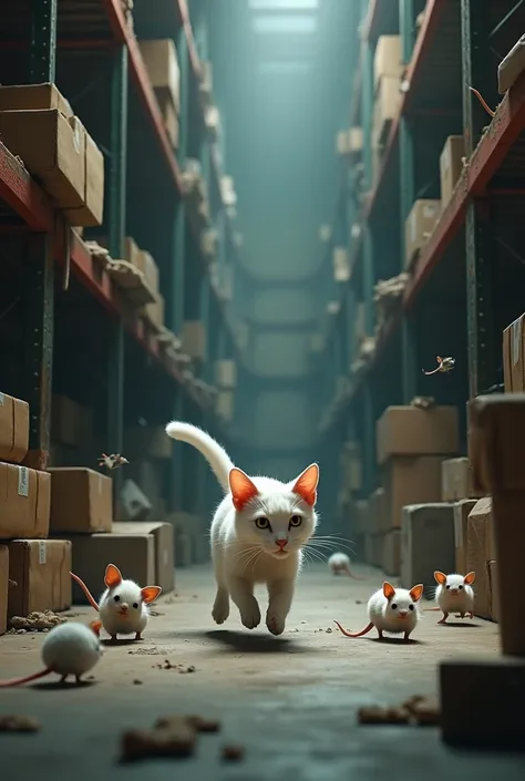 A white cat running behind the mouses in a warehouse