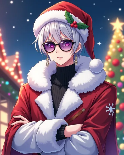 “A stylish male anime character with silver hair, wearing round purple-tinted sunglasses, and vibrant purple eyes that stand out, emphasizing his confident and charismatic presence. The male character is dressed in a cozy white winter coat with fur trim an...