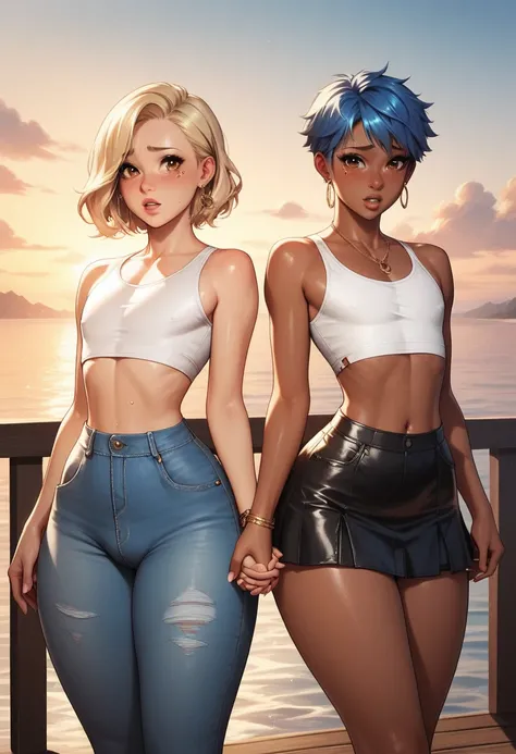 Cute femboy. Dark skin. Hispanic. Short Blue hair. Small waist, curvy hips, thick thighs. Standing on a pier at sunset. Wearing a crop top and a skirt. Long lashes, perfect makeup, beautiful brown eyes. He is standing with a beautiful blonde woman, who is ...