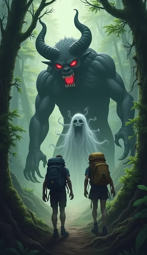 The appearance of a scary ghost and a scary demon in the middle of the forest disturbs two Indonesian climbers wearing large backpacks