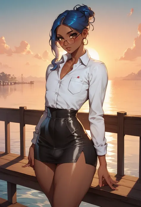 Cute femboy. Dark skin. Hispanic. Short Blue hair. Small waist, curvy hips, thick thighs. Standing on a pier at sunset. Long lashes, perfect makeup, beautiful brown eyes. Professional female clothes