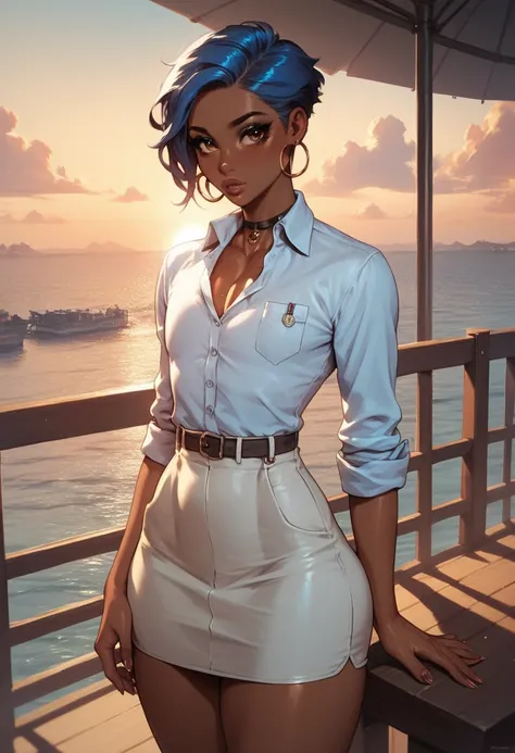 Cute femboy. Dark skin. Hispanic. Short Blue hair. Small waist, curvy hips, thick thighs. Standing on a pier at sunset. Long lashes, perfect makeup, beautiful brown eyes. Professional female clothes