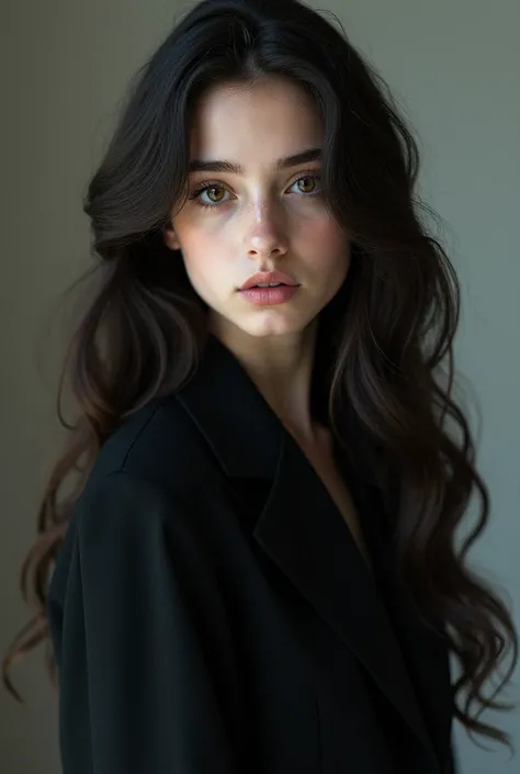  A beautiful young girl with long dark hair curled up.  Face looks very cold , brown irises ,  fair skin and wearing a black suit 