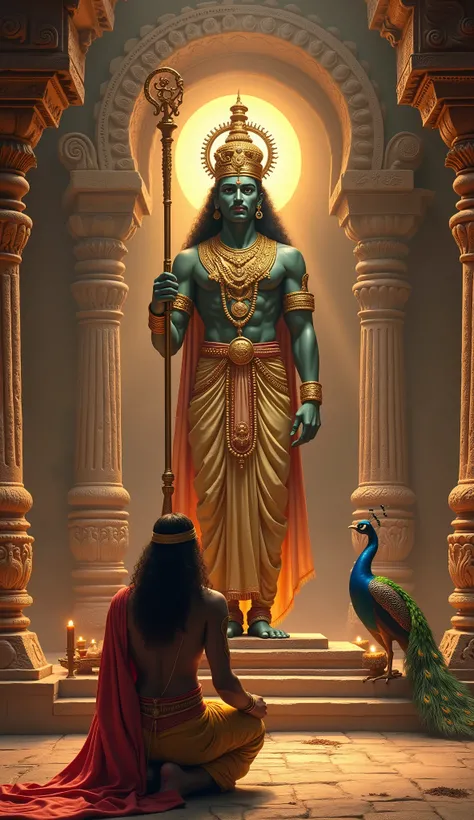 "Create an image depicting a Pallava king paying homage to Lord Murugan. The king, dressed in traditional royal attire with a crown, ornate jewelry, and a silk dhoti, should be shown kneeling or with folded hands before a grand idol of Lord Murugan with si...