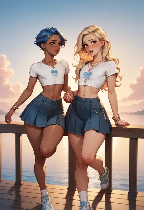 Cute femboy. Dark skin. Hispanic. Short Blue hair. Small waist, curvy hips, thick thighs. Standing on a pier at sunset. Wearing a crop top and a skirt. Long lashes, perfect makeup, beautiful brown eyes. He is standing with a beautiful blonde woman, who is ...