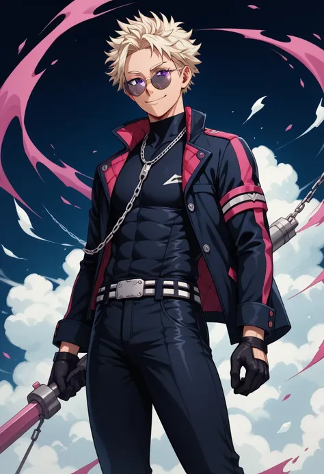  white male, athletic build, slight tan, pink colored very short messy hair with tapered fade, purple eyes, round sunglasses, slight smile, thin chains as his weapon, wearing black hero suit with short jacket, shirt, full gloves, combat pants, my hero acad...