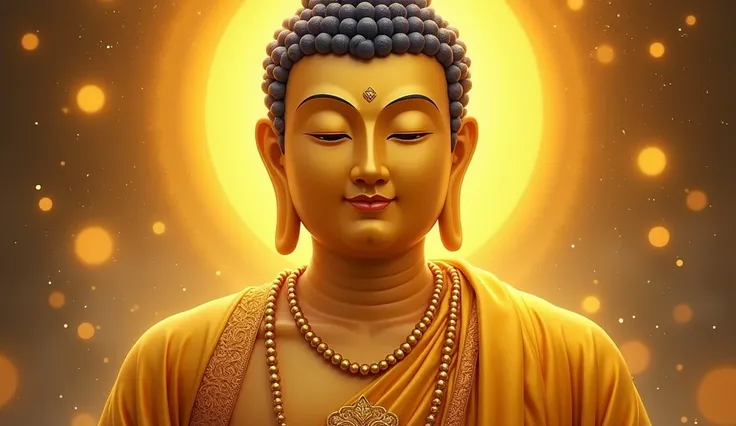 Magazine illustration，Portrait drawing，((A Maitreya Buddha：1.3))，Yellow skin，HD facial smile，Golden Buddha beads around the neck，With a golden robe，Close-up，k hd，Sony SLR lens，high definition detail，Soft lighting，Master masterpieces