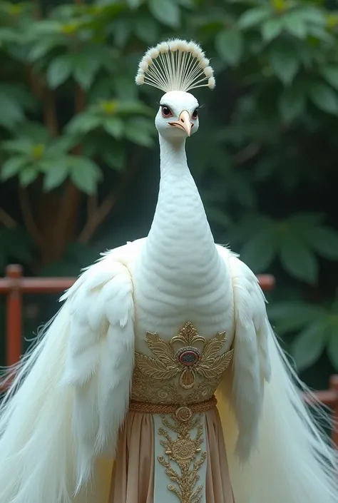 Front of a white peacock in an ancient Chinese dress