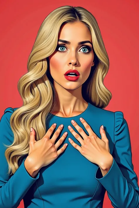 blonde woman with long hair and blue dress, ivanka trump portrait,, pop art, looks scared, blonde hair and big eyes, but looks scared, 2 hands on chest, woman looks like ivanka trump, she is scared, long blonde hair and big eyes, scared expression