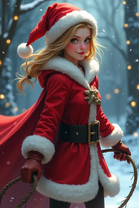 A girl disguised as Santa Claus with a whip in her hand and underneath who says Merry Christmas 