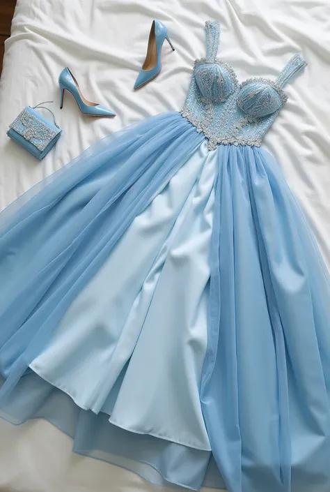 Ultra realistic Picture of a beautyful outfit with a light blue satin and chiffon Princess Weddingdress with straps, heels and a purse. The clothes lay ond the bed ready for wearing. 