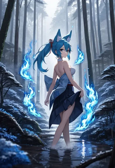 Masterpiece, Extremely detailed, , close distance shot, (A beautiful kitsune woman walking in a rainy forest holding a small ball of blue fire), facing viewer, dynamic pose , fox ears, nine fox tails, traditional Japanese skirt with no top exposing her bre...