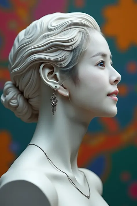 Profile statue of a woman&#39;s face without hair with silver earrings and necklace, colorful and artistic background, all of the statue is same color, eyes are closed
