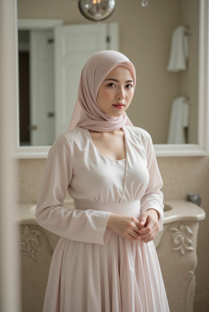 Raw, high quality photo, resolusi 8k, realistic. Beautiful woman in hijab on her head , wearing tengtop , dan rok panjang.  Background of toilet room. 