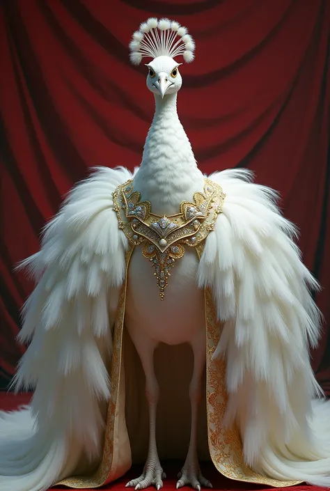 Front of a white peacock in a royal costume