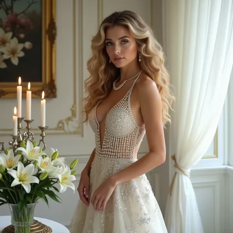 close-up of a beautiful woman with long curly blonde hair, a dress consisting of strands of pearls and diamonds, professional makeup, white tenderness, Baroque, Rococo, slender body, frosty patterns on transparent glass, stands near a table with a vase of ...