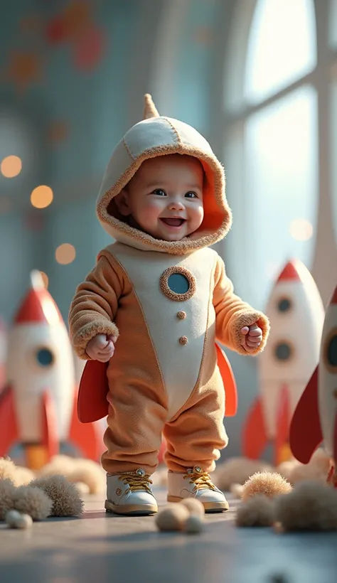 大きな本物そっくりの cuteロケットを着て立っている赤ちゃん、The face is real、 a 6 month old baby 、 cute、smile、Like a photo、Lots of rockets at his feet 、、The face is real、 glitter、The background is a space station 、 bright 