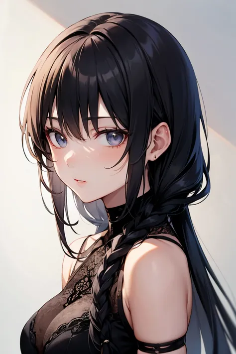 Beautiful mature anime woman, long black braid, bangs, gray eyes, detailed face, pretty eyes, 1girl, dress