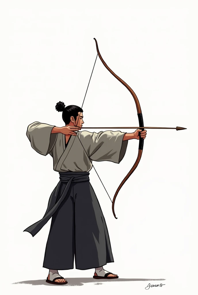 illustration dun maître Kyudo tirant à larc, de profil en prenant la posture, fond blanc