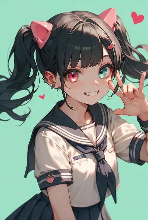 masterpiece, best quality, ultra detailed, a girl, smiling, making a heart with fingers, looking at viewer, twintail, black hair, heterochromia, pale skin, sailor uniform, piercing, green background, flat background, cute, kawaii, anime