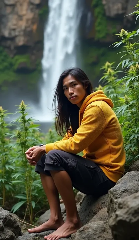 stocky Indonesian man, white, well-groomed face, long straight flowing hair, gold knit hoodie, decorated with polka dots, maroon black ¾ short cargo pants, sitting on rocks at the edge of a waterfall surrounded by colorful marijuana plants, with a mountain...