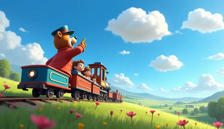 The train moves under a blue sky with fluffy white clouds. A cartoon bear conductor points up at the clouds. s on the train smiling and looking at the clouds. 3D Disney Pixar Style