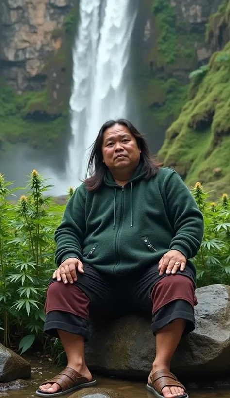 Slightly fat Indonesian man, white, well-groomed face, long straight flowing hair, dark green knit hoodie, decorated with polka dots, short knee-length cargo pants black and maroon, sitting on rocks at the edge of a waterfall surrounded by colorful marijua...