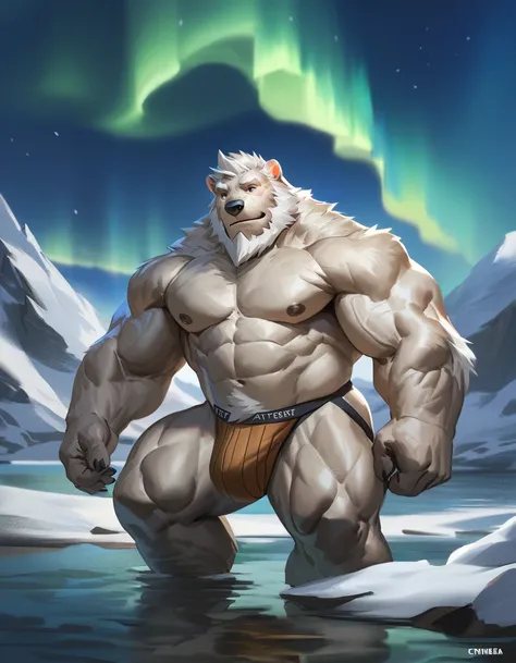 lindong, chuniea, solo, 1boy, huge muscular furry (polar bear, white fur:1.3, white bear), old man, sitting in snow, lake, aurora borealis, night, Antarctica, jockstrap, huge shoulder muscle, nipples, shirtless, muscle, strong man, huge muscle, short hair,...