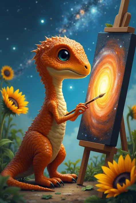 Baby raptor doing a painting of the universe with sunflowers