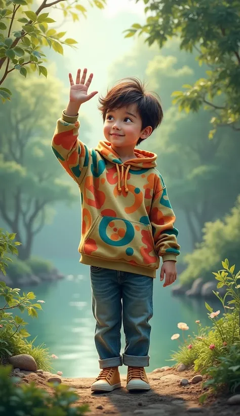 1 BOY STANDING IN AESTHETIC NATURE WEARING A HOODIE with a bicky pattern on it. while waving his right hand