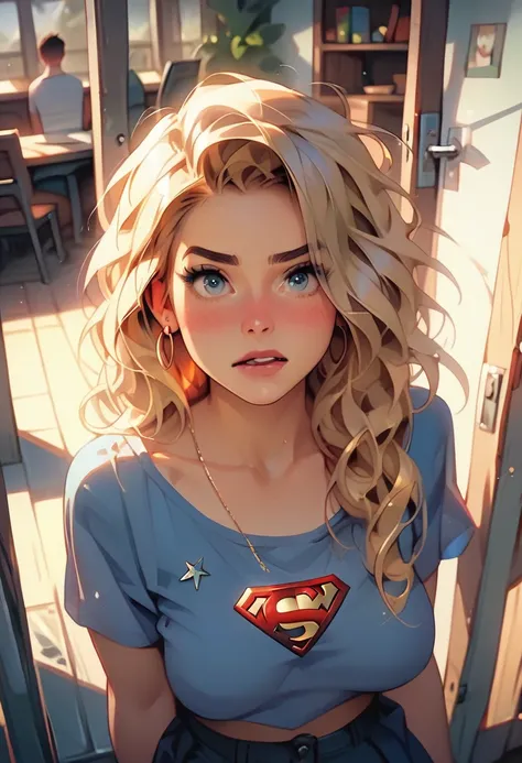 1 Supergirl, from the image above, POV, Focus sur Girl in Action, bombement,  sous renflement, Splendide fille tenant un renflement, caught, regardant le spectateur les yeux mi-clos, Detailed green eyes, rougir, very embarrassed, bouche ouverte