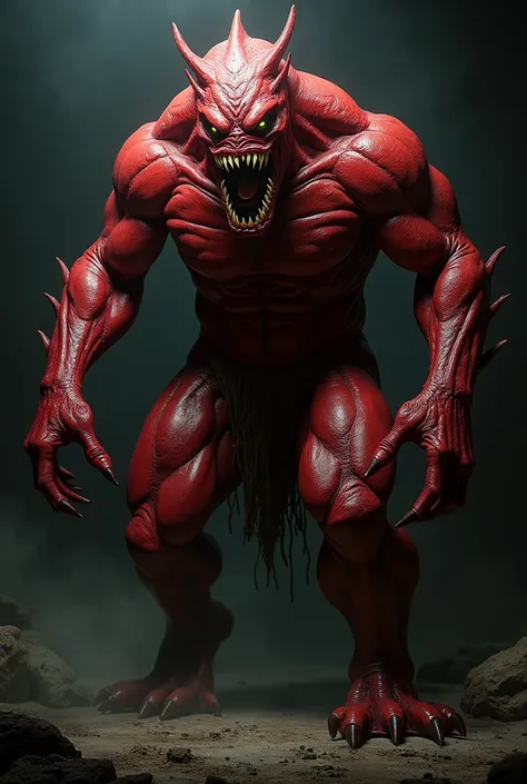 Red-skinned, shark-toothed, monster-eyed, muscular man