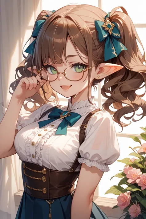 A high-resolution anime-style illustration of a sexy female goblin with anatomically correct features, emphasizing her green, textured skin. She has long, wavy brown hair adorned with a ribbon and a small flower. Her long, pointy ears are a prominent featu...