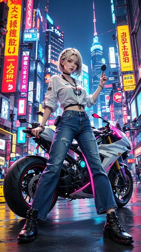 Best Quality, Confident cyberpunk girl, Full body shot, Stand in front of the futuristc motorcycle, wearing white shirt and blue shirt jeans, Bold colors and patterns, Eye-catching accessories, Trendy and innovative hairstyles, Bright makeup, Cyberpunk daz...