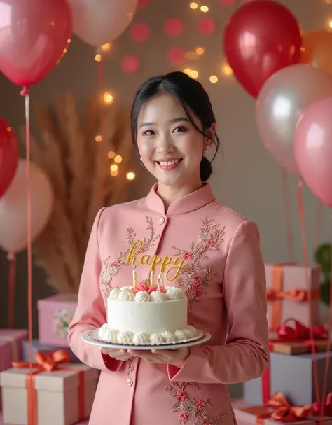 photograpy , Realistic A BEAUTIFUL Korean woman wears trendy modern Javanese kebaya in pink, wearing hijab, HEEL SHOES ,  standing ,  holding a big birthday cake , says HAPPY BIRTHDAY  "beautiful"  ackground a festive birthday room FULL OF BIRTHDAY GIFTS ,...