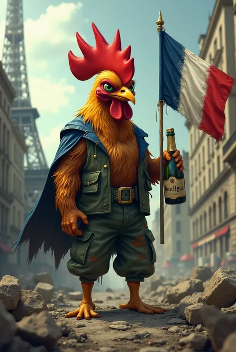 A rooster without a cape, sad green-eyed, wearing torn and dirty military pants in the city /(Paris, Eiffel tower, the city devastated by bombs, destruction and ruins everywhere)/. puny and weak muscular human form with a squashed and tight champagne bottl...