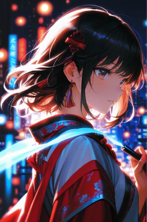 A beautiful anime girl with straight long black hair, wearing red exquisite flowery traditional chinese clothing, full upperbody, masterpiece, cinematic view, blurry city background with lights. Remove the hand and the blue strip from the image.