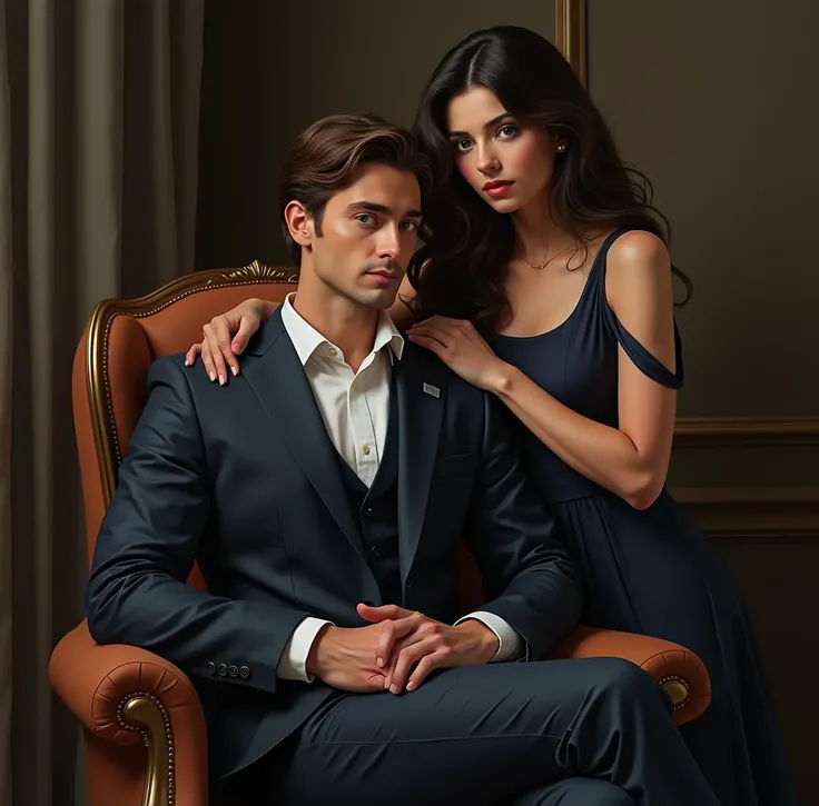 A man with a suit sitting in a chair. His hair is brown and he has dark hazel eyes. Besides chair is a beautiful woman in a dress standing. Her hand on his shoulder. Her hair is dark and her face is innocent. The colors should be captivating but not too da...