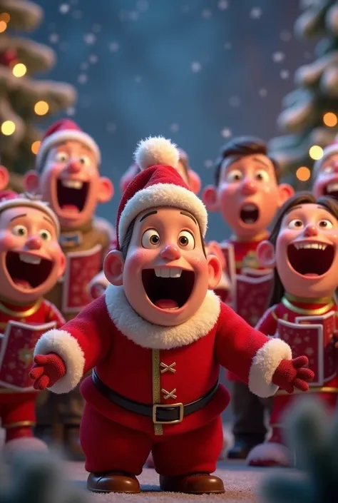 A cheerful choir of Pixar-style people singing a Christmas song