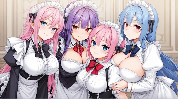  pink hair, blue hair, purple hair,  red eyes, golden eyes, blue eyes,Lolita,Light Skin,service, smile,Big Breasts, Hentai ,Three maids