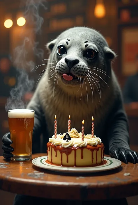  A seal with the face of Lemmy Kilmaster sitting in a pub with a beer and a birthday cake and sending a kiss. On the cake is the Ace of Spades 