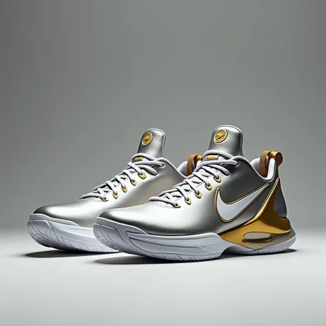  silver basketball shoes ,  with white and gold details , brand BZ one-sided ., Modern 