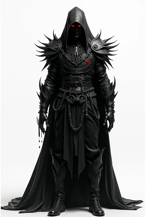  gothic warrior in black leather and chains, with glowing red eyes and bloodstains on their hands. The figure stands against a white backdrop