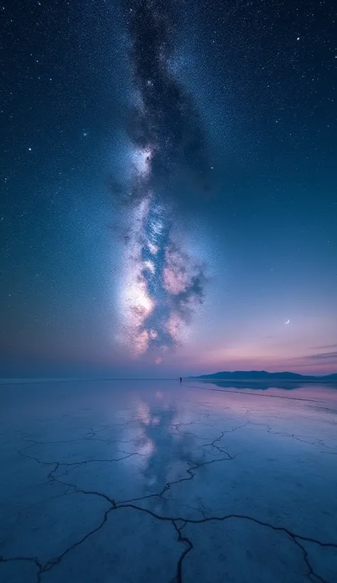 Highest quality、masterpiece、Film Grain、Ultra-high resolution、The Milky Way reflected in the Uyuni Salt Flats、(((Pink starry sky:1.5)))、Blue crescent :0.1、Sparkle Effect, Halftone Style, 