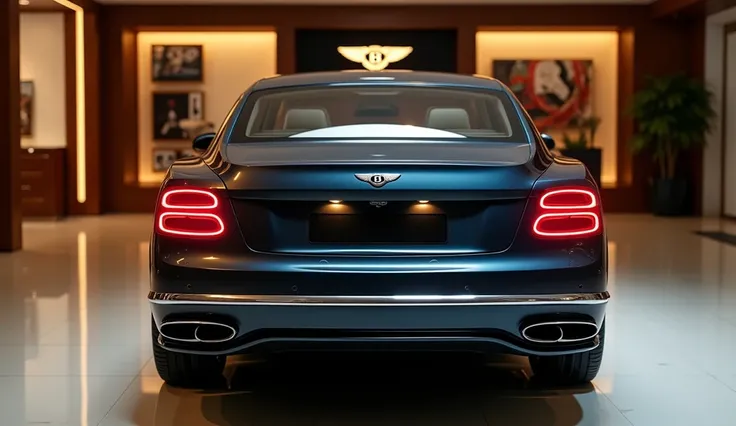 "Generate a highly detailed close-up image of the 2025 Bentley Flying Spurs rear view in a luxurious showroom. Focus on the sleek taillights, Bentley emblem, and the elegant curvature of the rear design. The license plate area and exhaust tips are polished...