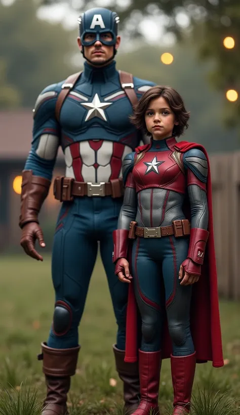 A Very cute super girl with short hairs a Very cute face standing with mascular captain America they look realistic and mature make a hd 4k image with a grassy background and some house backside and lights in the tress 