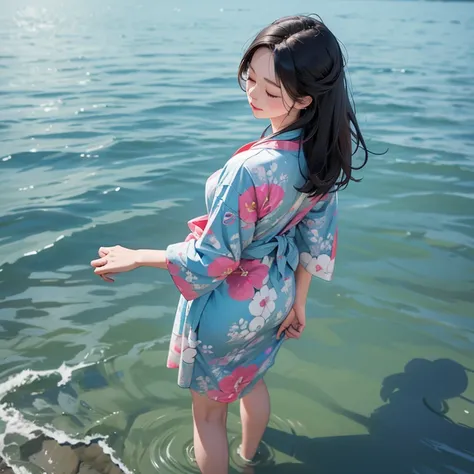 From behind above view. Beautiful asian woman, age 25. 1girl, Solo, Closed Eyes, tie hair with ribbon at the back of the bottom of hair. standing by the lake in South East Asia.
In large colour abstract pattern summer dress. Slipper.
