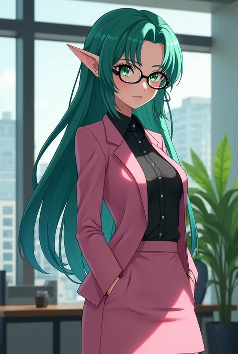 A hot Japanese anime elf girl with athletic build, teal long silky hair, emerald eyes, glasses, elf ears, wearing office dress pink blazer pink skirt with black shirt